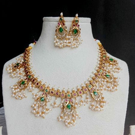 Handmade Brass Metal Jewellery Green Pearl Necklace Set